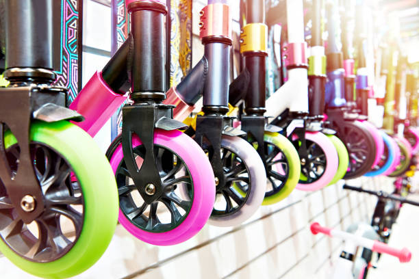 Wheels of scooters in store