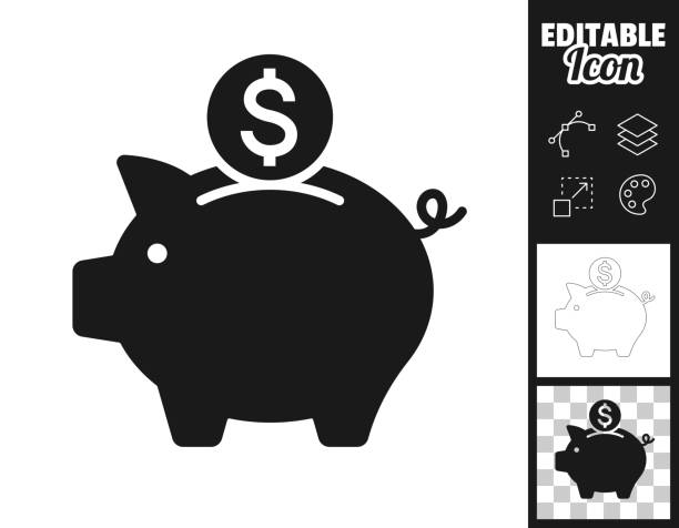 Piggy bank with Dollar coin. Icon for design. Easily editable Icon of "Piggy bank with Dollar coin" for your own design. Three icons with editable stroke included in the bundle: - One black icon on a white background. - One line icon with only a thin black outline in a line art style (you can adjust the stroke weight as you want). - One icon on a blank transparent background (for change background or texture). The layers are named to facilitate your customization. Vector Illustration (EPS file, well layered and grouped). Easy to edit, manipulate, resize or colorize. Vector and Jpeg file of different sizes. piggy bank stock illustrations