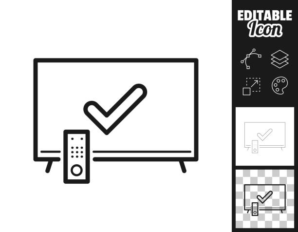 チェックマーク付きのテレビ。デザイン用のアイコン。簡単に編集可能 - フラット画面点のイラスト素材／クリップアート素材／マンガ素材／アイコン素材