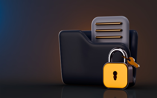 folder document list with lock and key icon on dark background 3d render concept for report safety