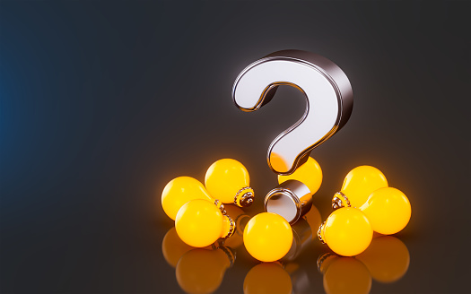 light bulb question mark icon with bright on dark background 3d render concept for asking ideas