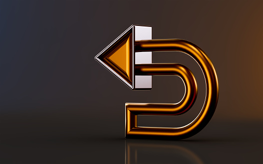 golden left turning arrow icon on dark background 3d render concept for direction way in road site