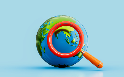 global earth with magnify glass 3d illustration map world location road land mark search find out