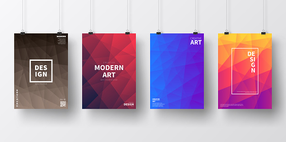 Four realistic posters in vertical position with modern and trendy backgrounds, isolated on white wall. Abstract geometric illustrations. Polygonal mosaics with beautiful color gradients (colors used: Red, Purple, Pink, Orange, Brown, Blue, Black, Yellow). Template for your own design, with space for your text. The layers are named to facilitate your customization. Vector Illustration (EPS10, well layered and grouped), wide format (2:1). Easy to edit, manipulate, resize and colorize.