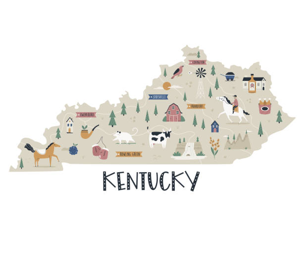 Kentucky map state with landmarks and symbols. Illustrated map of Kentucky state with landmarks and symbols. louisville city icons stock illustrations