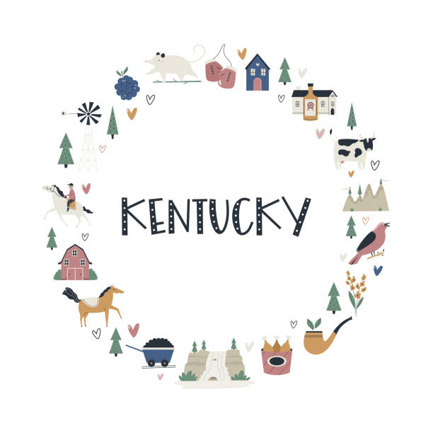 Kentucky map state with landmarks and symbols. Illustrated map of Kentucky state with landmarks and symbols. louisville city icons stock illustrations