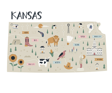 Illustrated map of Kansas state with landmarks and symbols.