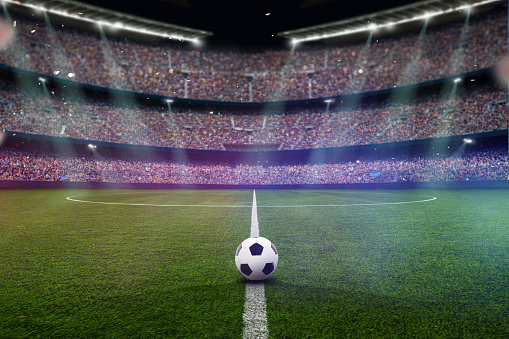 textured soccer game fieldwith a soccer ball und with neon fog - center, midfield, 3D Illustration