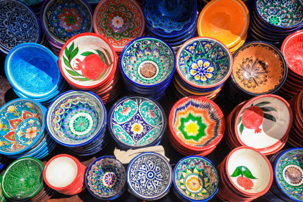 istock Bright and Colorful Plates in the Local Uzbek Pattern Style 1425121424