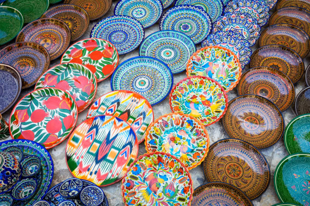 istock Bright and Colorful Plates in the Local Uzbek Pattern Style 1425121579