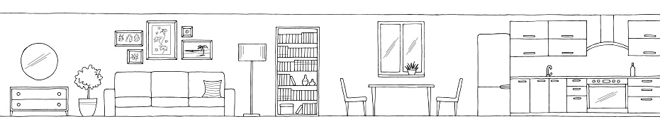 Apartment interior graphic black white long sketch illustration vector