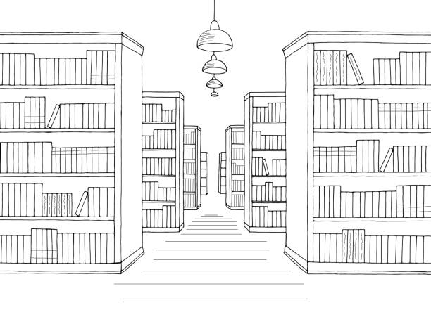 ilustraciones, imágenes clip art, dibujos animados e iconos de stock de biblioteca estante gráfico blanco negro interior boceto vector de ilustración - biblioteca