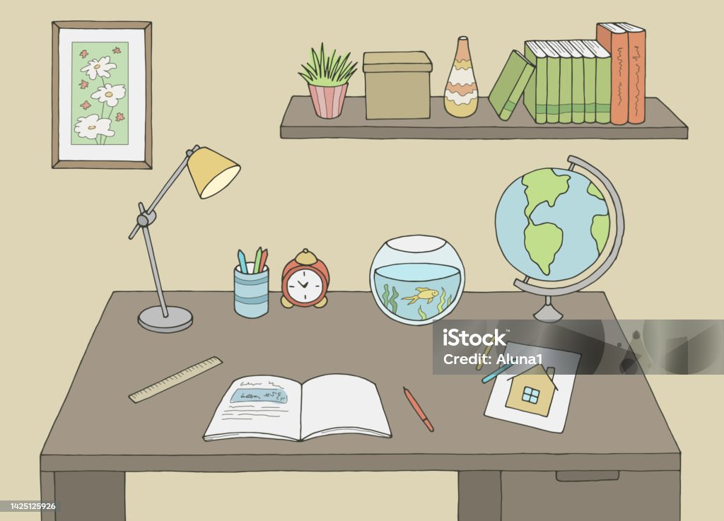 Study Shed Graphics Study Table Graphic Color Interior Sketch Illustration Vector Stock ...