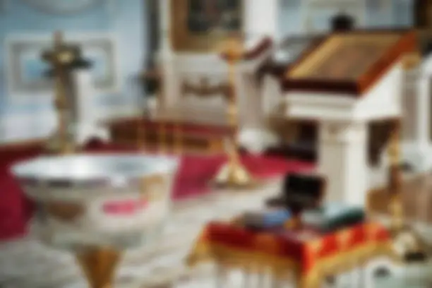 Photo of Blurred abstract colored background of orthodox church christening, for web design with text place, blur background of wallpaper. Artistic style defocused backgrounds for designer. Copy space