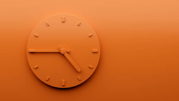 istock Minimal Orange clock 4:45 o clock quarter to Five abstract Minimalist wall clock 3d Illustration 1425128731