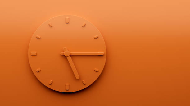 istock Minimal Orange clock 5:15 quarter past Five o'clock abstract Minimalist wall clock 17:15 or Five fifteen 3d Illustration 1425128752