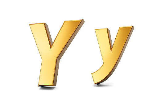 3d letter y in gold metal on a white isolated background, capital and small letter 3d illustration