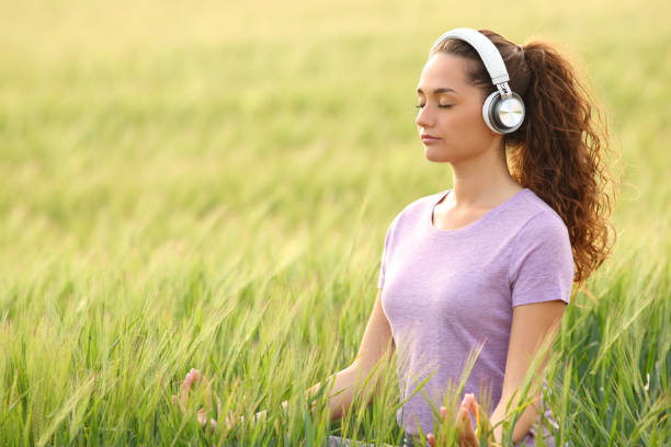 istock Woman doing yoga with online tutorial in a field 1425129000