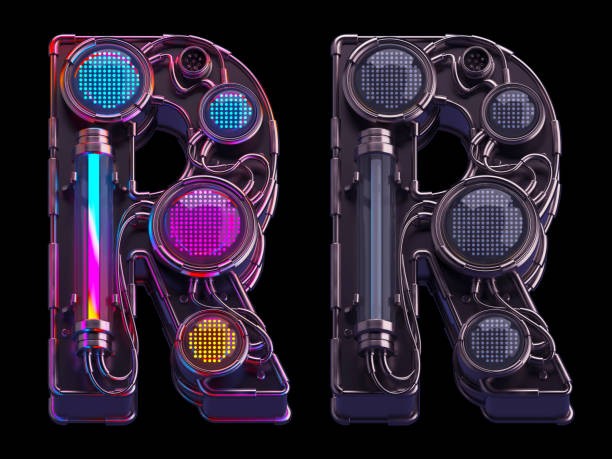 Futuristic font. Rgb light dots neon. Letter R