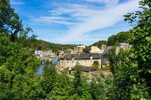 Panoramic view of the old harbour of the French town of Dinan on a sunny summer day.