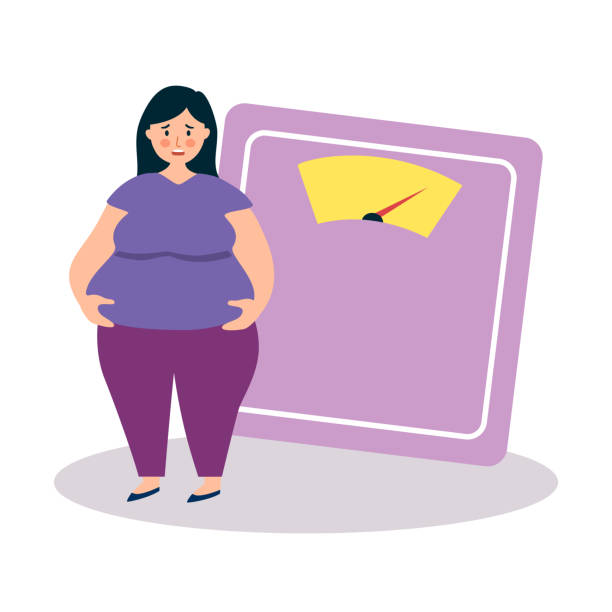 Fat woman worrying about her weight in flat design on white background. vector art illustration