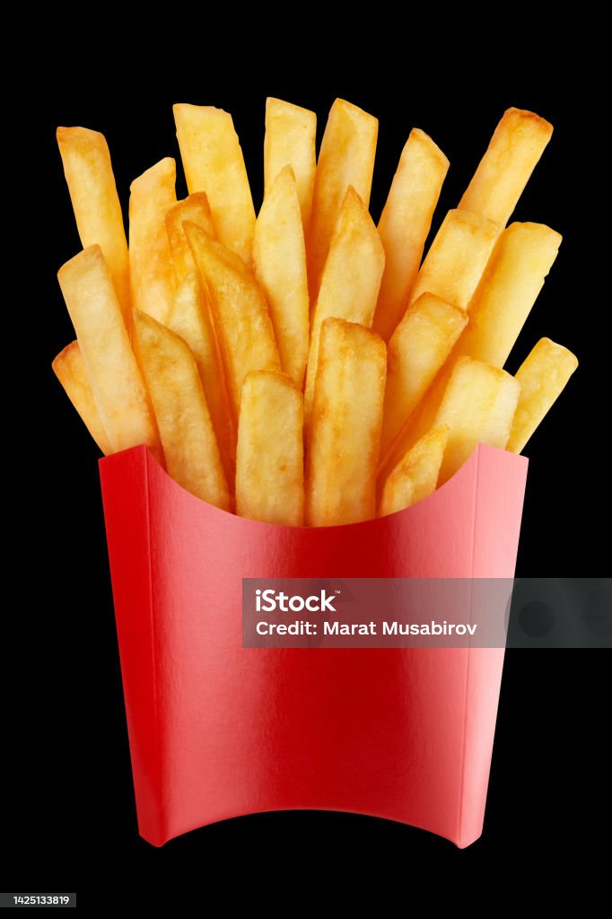 Delicious potato fries on black Delicious potato fries, isolated on black background Bag Stock Photo