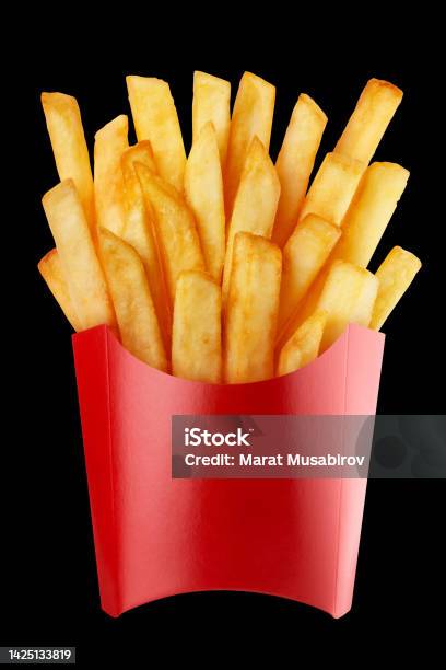 Delicious Potato Fries On Black Stock Photo - Download Image Now - Bag, Black Background, Black Color