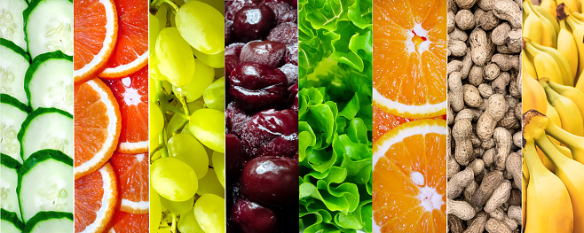 Collage of fresh fruits and vegetables, banner. Healthy food concept