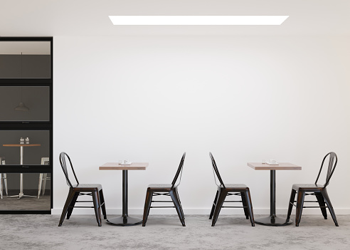 Empty white wall in modern cafe. Mock up restaurant interior in contemporary style. Free, copy space for your advertising banner, artwork, picture, text, or other design. Empty space. 3D rendering