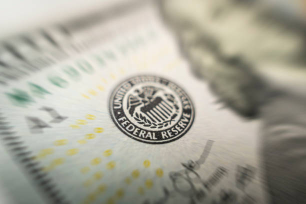 Selective focus on US Federal Reserve emblem on hundred dollars banknote as FED consider interest rate hike, economics and inflation control national organization. Selective focus on US Federal Reserve emblem on hundred dollars banknote as FED consider interest rate hike, economics, inflation control national organization. wildlife reserve stock pictures, royalty-free photos & images