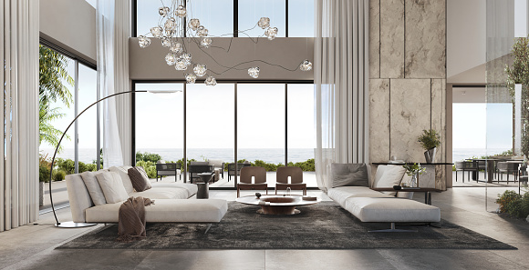 Luxurious interiors of a modern living room with a lounge area. Beautiful villa interior in 3d renders.