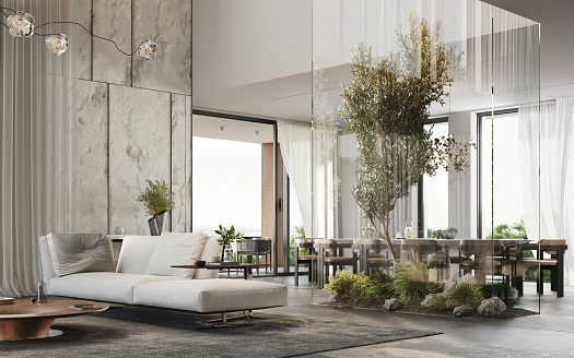 Beautiful living room interior with plants in 3d renders