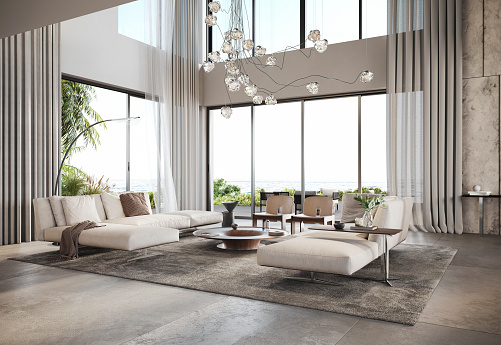3d renders of a modern home interior with luxurious furniture. Computer generated images of a large and spacious living room.