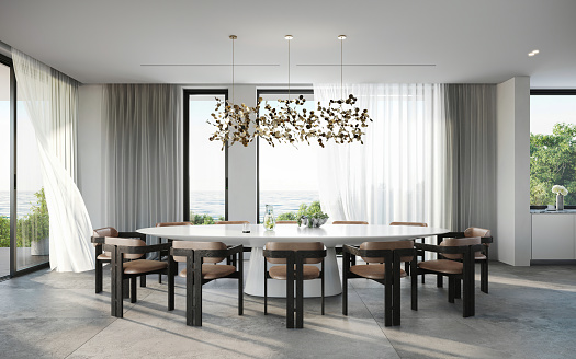 Digitally generated image of a dining room area design with round wooden table and chairs. Dining area with beautiful chandelier in living room in 3D rendering.