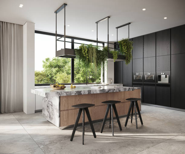 istock 3D rendering of modern kitchen island with three high chairs 1425142532