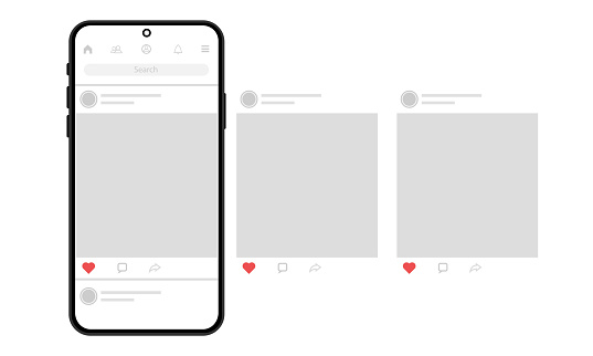 Smartphone social media design concept with interface social network posts vector illustration modern flat design on white background.