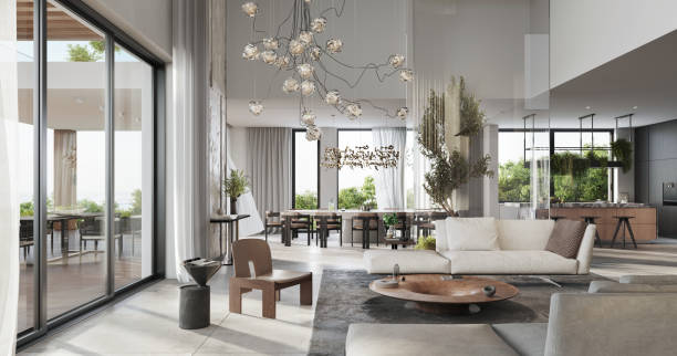 rendering 3d di un soggiorno completamente arredato - apartment indoors home interior showcase interior foto e immagini stock