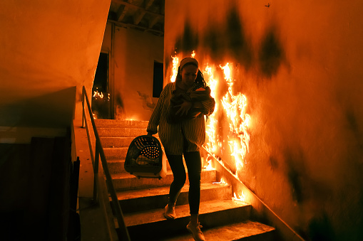 Brave Civilian carrying baby and pet animal cat or dog in box or bag, descends Stairs of a Burning Building. Open fire and one Firefighter in the Background. High quality photo