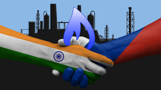 インドとロシアのガス販売契約。州旗で握手する。背景にはガス工場の図面 - ロシア点のイラスト素材／クリップアート素材／マンガ素材／アイコン素材