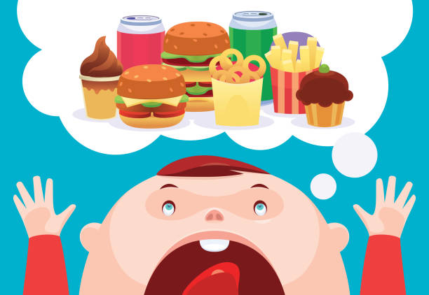 maluch myśli o śmieciowym jedzeniu - burger hamburger cheeseburger fast food stock illustrations