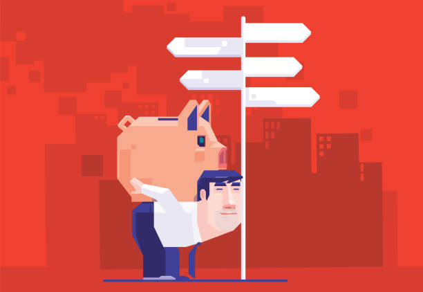 бизнесмен контрейлерная копилка, опирающаяся на указатель - characters uncertainty anxiety finance stock illustrations