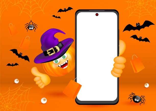 istock Smiling halloween character orange pumpkin wearing witch hat holding phone and showing thumb up. Editable Vector illustration, Happy Halloween holiday concept ad banner. 1425152210
