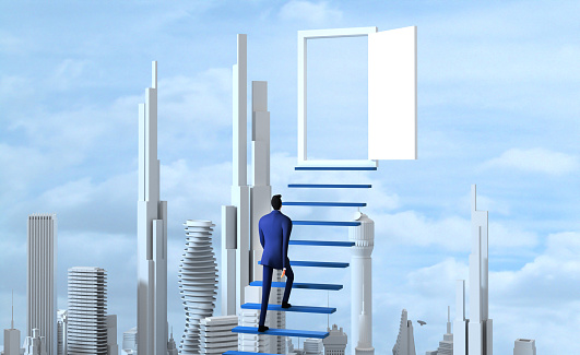 Way to the success. Successful businessman climbing up the stairs. Achieving goals, making career, professional growth, banking, investment advisory, making money concept. 3D rendering illustration.