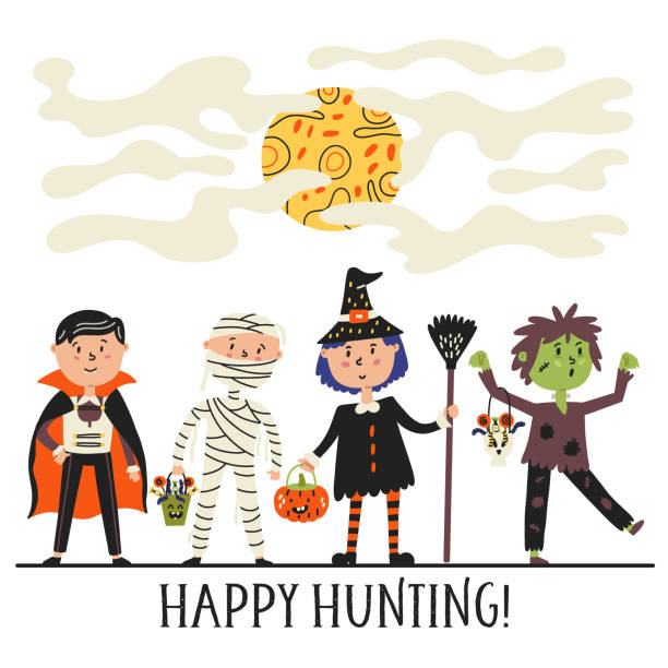 kinder in halloween kostümen vampir zombie mumie hexe - stage costume illustrations stock-grafiken, -clipart, -cartoons und -symbole