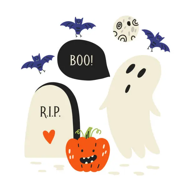 Vector illustration of Ghost near the tombstone