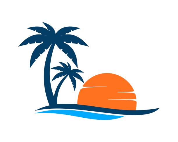 Palm tree with wave and sunset Palm tree with wave and sunset coconut palm tree stock illustrations