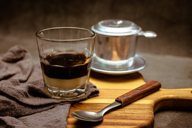 Dark & Moody Coffee Drink Photography Vietnamese Condensed Milk Coffee stock photo