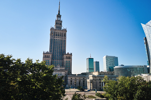 Aerial drone view of Warsaw cityscape, Warsaw Palace of culture and science with skyscrapers, Capital of Poland with modern office buildings in business center