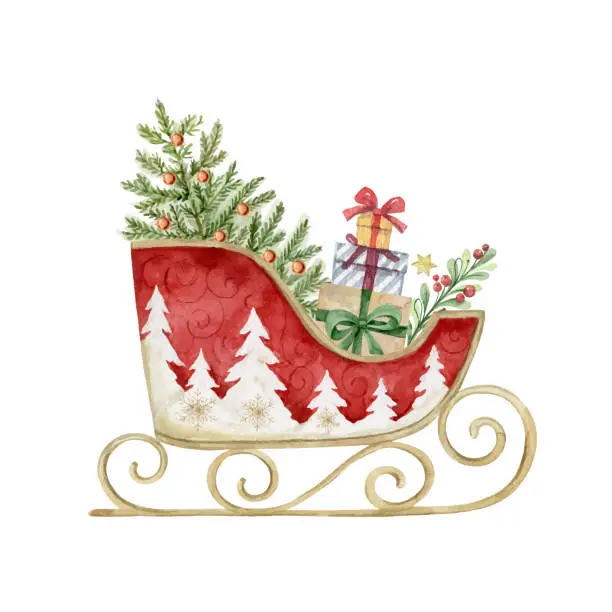 Vector illustration of Watercolor vector greeting card with with Christmas sleigh, fir tree and gifts. Holiday decor for postcard, cover, flyer, cards design, New year invitations, wedding.  Isolated on white background.