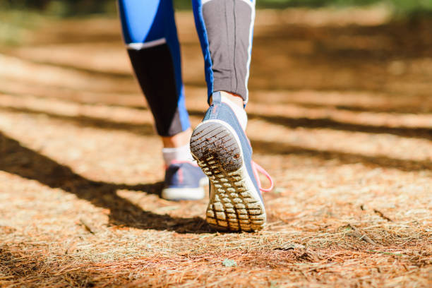 istock Female runner jogging outdoors through a summer forest trail.Close up.Copy space. 1425160564